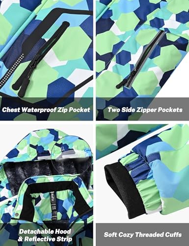 Kids Skiing Jacket for Boys 14-16 Years Hooded Winter Snowboard Coat Green Print