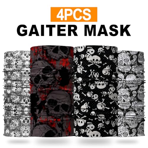 Neck Gaiter Face Cover Mask with Skull Design - One Size, Pack of 4