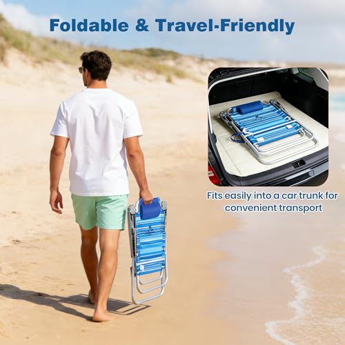 Sunnyfeel Tall Folding Beach Chair for Adults Light Blue - High Back, Reclining, Portable Outdoor Seating