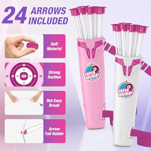 Kids Bow and Arrow Set with LED Light Up Arrows - Purple+White, 2 Pack