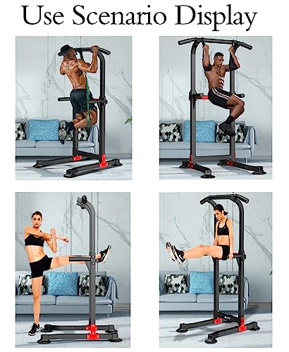 Power Tower Dip Station Pull-Up Bar - Adjustable Height & Non-Slip Feet - Black - 330lbs Capacity