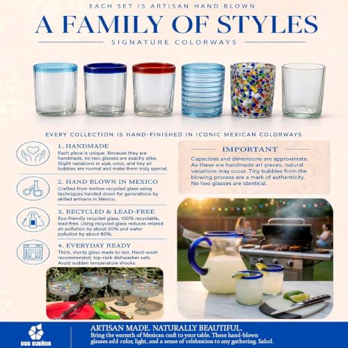 Set of 6 Hand Blown Drinking Glasses with Confetti Carmen Design - 14 oz