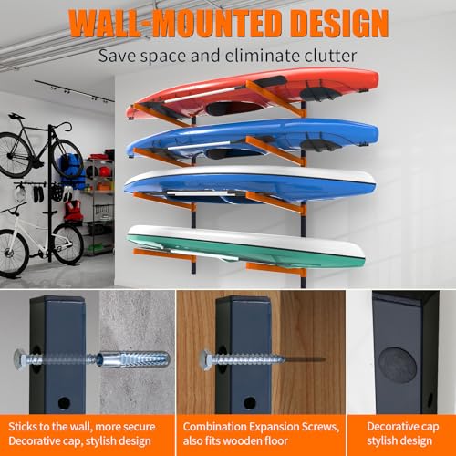4 Levels Wall Mount Kayak Storage Rack - Heavy Duty Adjustable Indoor Outdoor Garage