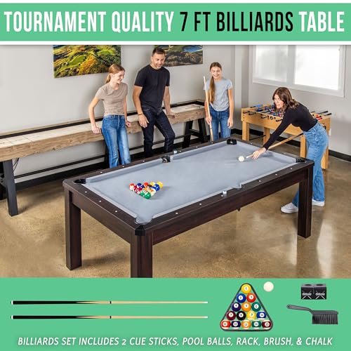 7 ft Dark Oak 3-in-1 Pool, Dining & Table Tennis Combo Table with Accessories
