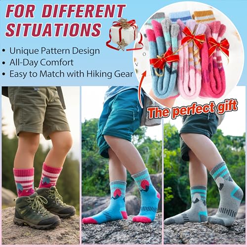 Kids Merino Wool Hiking Socks 8-12 Years Thermal Winter Cozy 6 Pairs - Sun Mixed