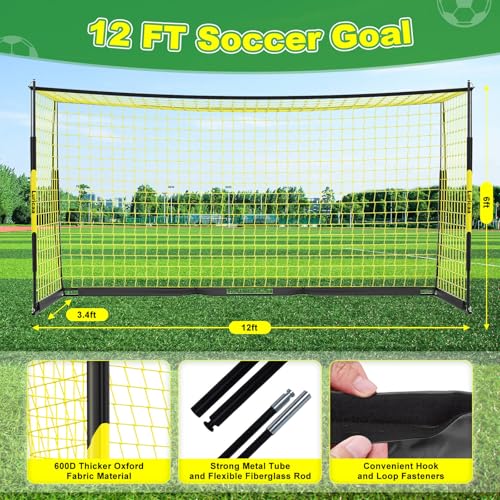 Luricaa 12x6 ft Black Yellow Portable Soccer Goal with Training Cones