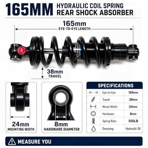 Black 165mm Rear Shock Absorber with 350LB Hydraulic Coil Spring for Mountain Bikes - WROASLTOUX