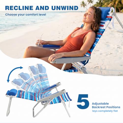 SUNNYFEEL Tall Folding Beach Chair 5-Position Recliner with Cup Holder - Blue & Red, Extra Tall