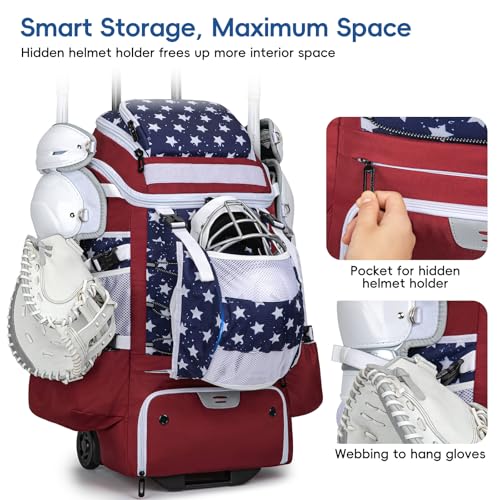 KAVIGOR Red, White & Blue Catchers Gear Bag with Wheels - 90L Baseball Softball Equipment Carrier for 2 Sets