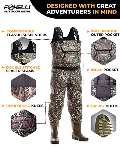 Foxelli Camo Waterproof 4mm Neoprene Chest Waders for Hunting & Fishing - Men & Women