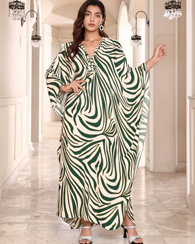 Rossopesca Kaftan Dress for Women V-Neck Plus Size Batwing Sleeves Beach Cover Up - Green Zebra, One Size