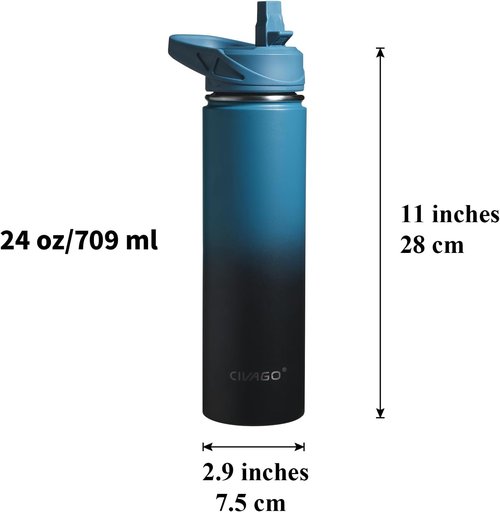 CIVAGO Insulated Water Bottle - 24 oz Stainless Steel Flask with 3 Lids | Double-Walled Thermal Mug, Black