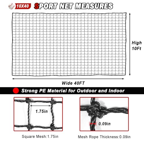 10x40 FT Heavy Duty Baseball Softball Backstop Nets for Sports Practice & Safety