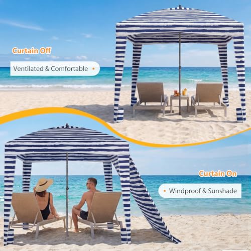 Dark Blue Stripes Beach Tent 6.5x6.5 ft Canopy Sun Shelter with Side Wall