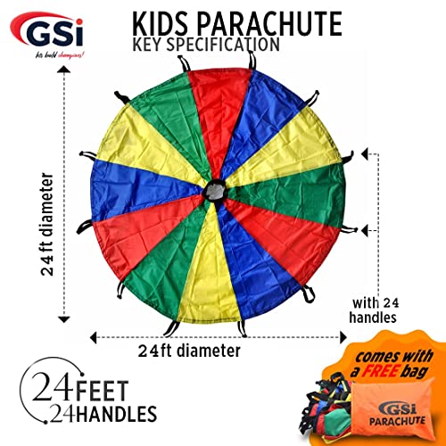 Kids Rainbow Parachute 24 Feet for School & Gym Class - Bright Multicolor Play Equipment