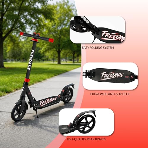 FREEDARE Foldable Kids & Teen & Adult Kick Scooter - Black Red, Adjustable & Lightweight