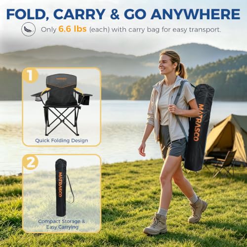Matrasco Black Outdoor Folding Camping Chairs 2 Pack, 350 lbs Capacity