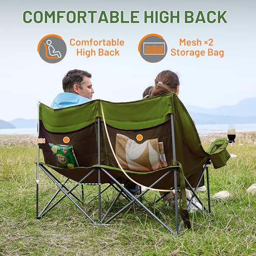 Heavy Duty Outdoor Folding Camping Loveseat with Cup Holders - Green
