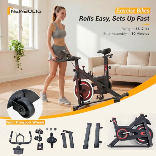 NEWBULIG Adjustable Home Exercise Bike with App Connectivity, Quiet Magnetic Resistance