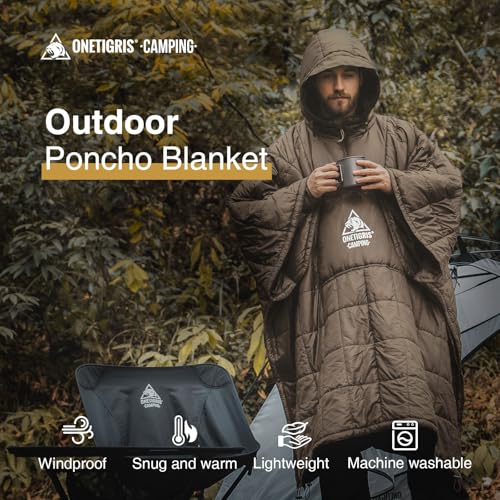 ONETIGRIS Brown Camping Blanket Poncho - Wearable Hoodie for Outdoors