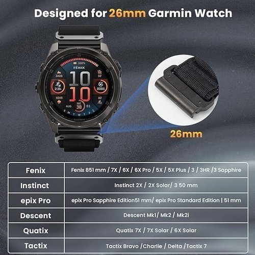 BANSO 26mm Quick Fit Nylon Watch Band for Garmin Fenix 8 51mm /5X / 6X / 7X, Quickfit 26mm Rugged Watch Bands for Garmin Fenix 7X Pro Sapphire Solar / 6X Pro / 5X Plus, for Fenix 3, Tactix Delta
