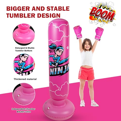 Kids Inflatable Punching Bag - Ninja Pink 67 Inch Kids Boxing Bag with Gloves & Pump
