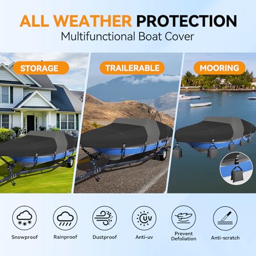 1600D+1200D V-Hull Boat Cover with 2-Inch Tie-Down Loops, Black, 16-18.5Ft