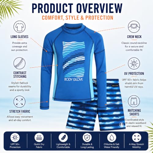 Body Glove Boys 2-Piece Swim Set Rash Guard & Trunks - Blue Waves, Size 4-12