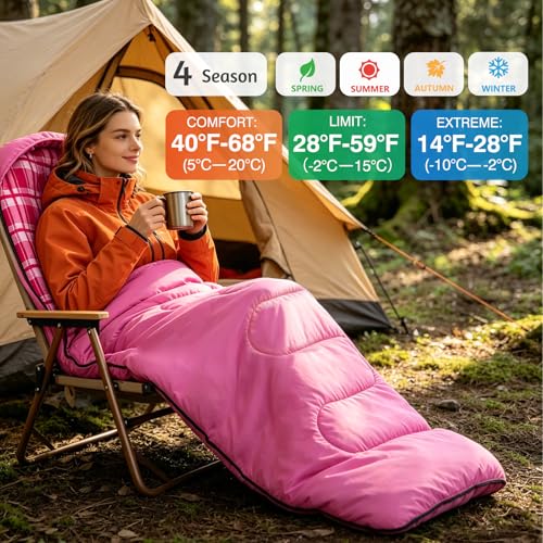 Uniqwamer 4-Season Waterproof Kids & Adults Sleeping Bag - Pink, 86.6"×31.5"