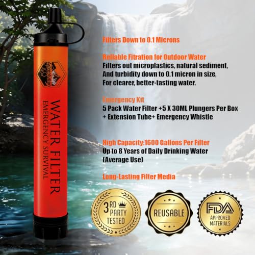 Personal Water Filter Straw with Emergency Whistle - 5-Pack Orange