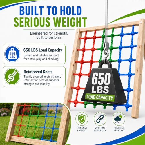 Kids Outdoor Climbing Net 5x6.5FT Heavy Duty Rope Ladder for Playground & Treehouse