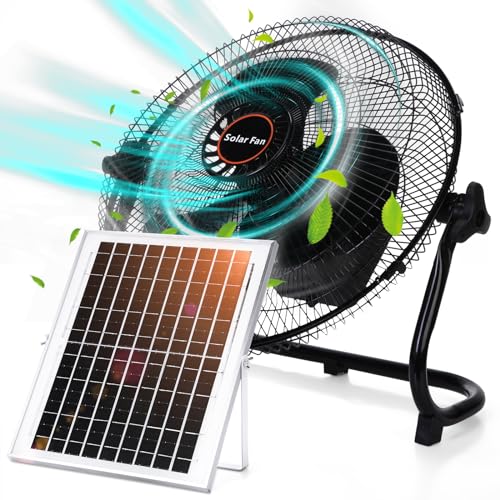 Tujoe 12 Inch Black Solar Panel Powered Fan with Adjustable Speed – Portable Outdoor & Indoor Cooling