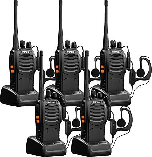 Black 5-Pack Walkie Talkies BF-888S Two-Way Radios Rechargeable Long Range UHF Set with Earpieces