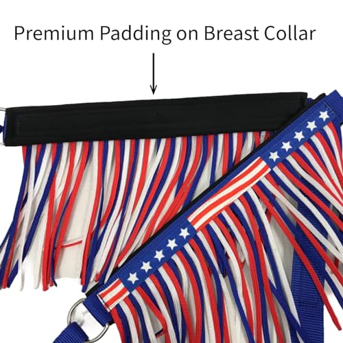 Patriotic American Flag Horse Tack Set - Full Size Double Layer Nylon Headstall Reins & Breast Collar with Fringes - Red, White, Blue