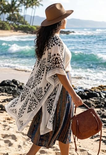 Women Kimono Beach Coverup Cardigan for Swimwear - Black White XL