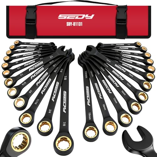 SEDY 24-Piece Ratcheting Wrench Set - Black Finish, SAE & Metric, 72-Tooth CR-V Steel, Portable Roll-Up Pouch