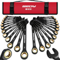 SEDY 24-Piece Ratcheting Wrench Set - Black Finish, SAE & Metric, 72-Tooth CR-V Steel, Portable Roll-Up Pouch