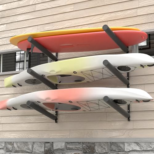 FitiRoker Heavy-Duty Kayak Wall Rack 200 lb Capacity, 3 Tier, Adjustable Support Arms