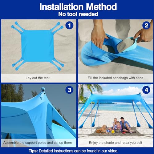 Rhino Valley 10x10 ft Beach Tent Sky Blue UPF50+ Sun Shelter with 8 Sandbags & Poles
