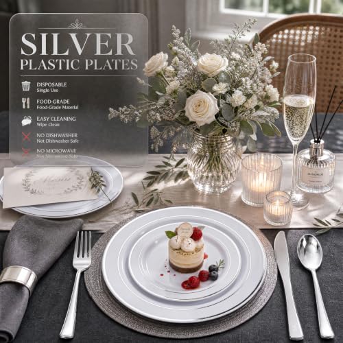Silver Disposable Plastic Plates Set for 100 Guests - Includes 100 Dinner & Dessert Plates, 300 Cutlery, Cups, Napkins - Elegant Partyware