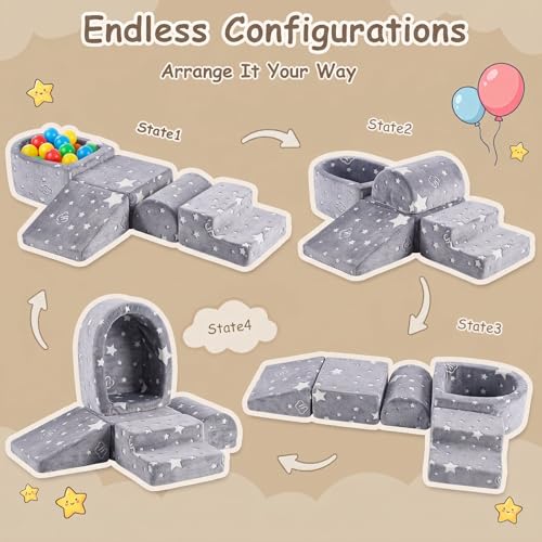 Tiita Kids Climbing Blocks 5-Piece Set with Ball Pit - Grey Star
