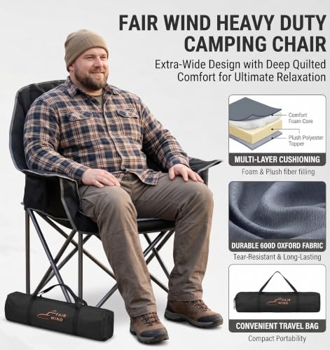 FAIR WIND 2 Pack XL Heavy Duty Camping Chairs Black - Oversized, Padded, Portable