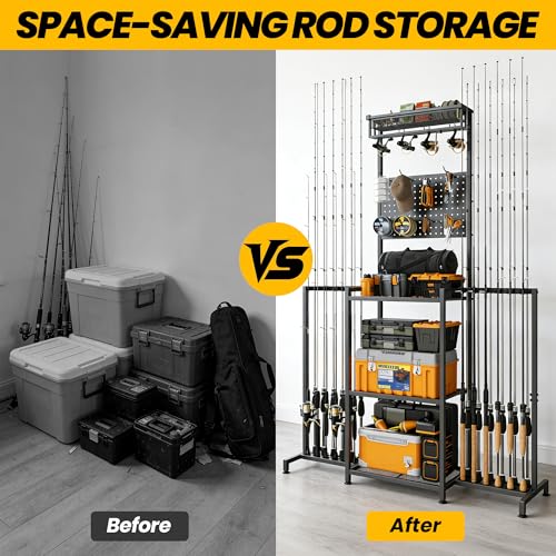 YQSLYSF Upgraded Fishing Rod Holder for Garage - Holds 24 Poles & Tackle Gear Organizer