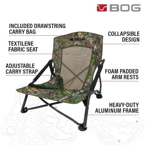BOG Low Profile Turkey Ground Blind Chair with Rugged Aluminum Frame - Quiet Setup, Breathable Textilene Fabric, Extended Seat, Carry Bag for Hunting & Outdoors