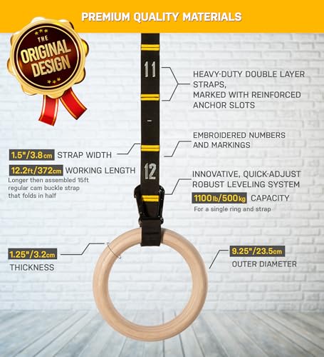 Double Circle Wooden Gymnastics Rings with Straps & Extension - Extra Long Version
