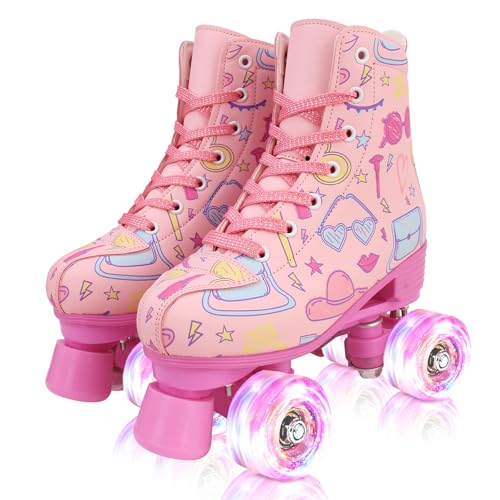 Pink Kids & Women Roller Skates with Light Up Wheels - Size 33 Youth 2