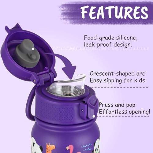 Kids Insulated Water Bottle 12oz Leakproof Drink Container - Purple 350ml