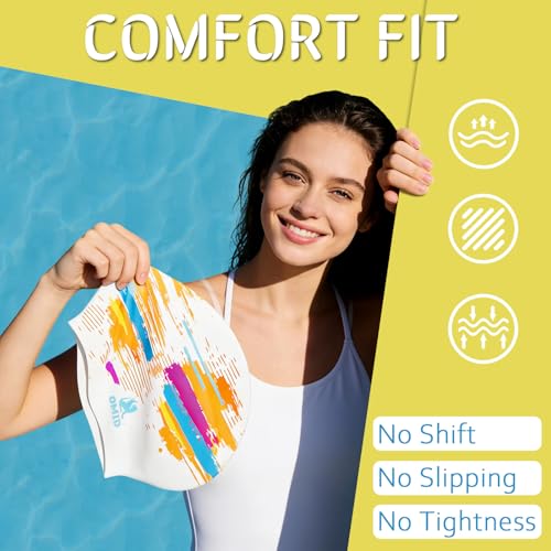 OMID Multi-Color Streak Silicone Swim Cap for Long & Thick Hair - Extra Large Pool & Beach