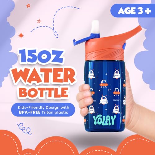 Kids Water Bottle with Straw 15 oz - Robo Design, Durable & Leak-Proof
