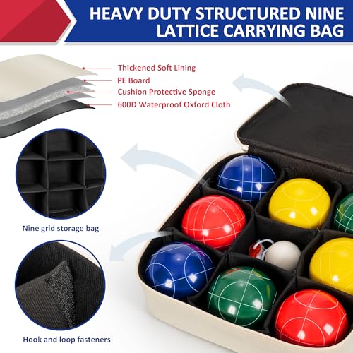 Outdoor Bocce Ball Set 107mm Regulation Size & Weight with 8 Resin Balls, Pallino & Carrying Case - Bright Colors
